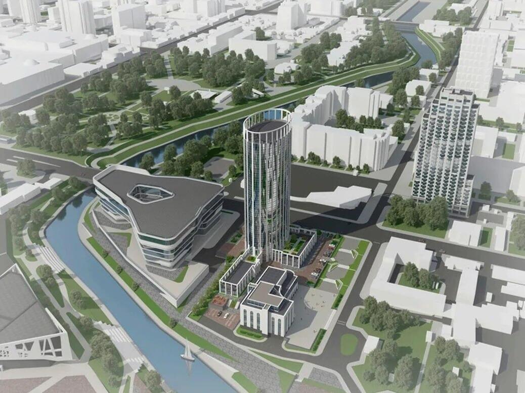 Эскиз новостроек на набережной Исети, презентованный в октябре 2025 года. Иллюстрация: проектная документация / «Коммерсантъ-Урал»