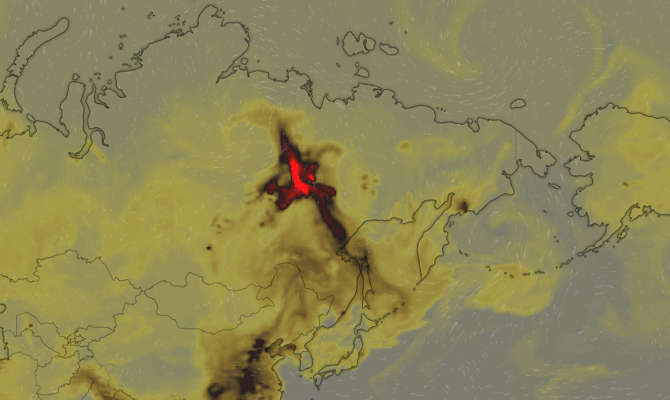 Красным и черным показаны участки, где содержание угарного газа превышает норму. Фото: Windy.com
